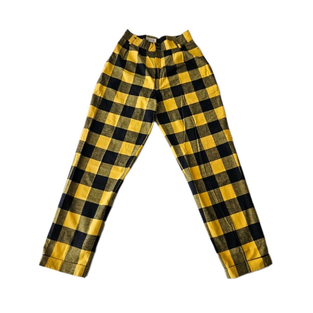 Vtg Cristina's Yellow & Black Checkered Lumberjack Tapered Trouser Pants 11/12